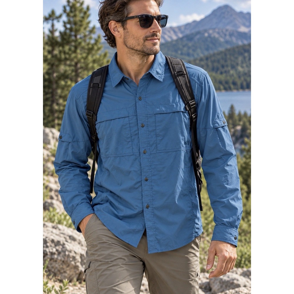 REI Co-op Sahara Men's Medium Shirt Blue Long Sleeve Fishing Hiking UPF 50+